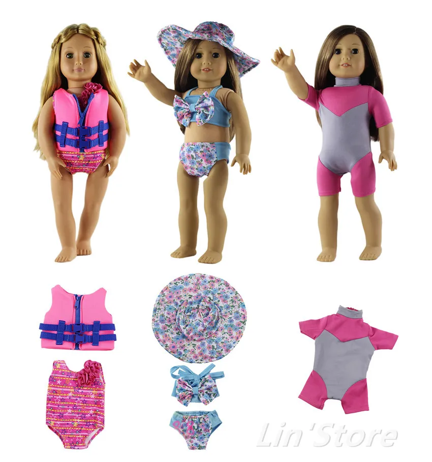 

Hot 3 Set Swining suit Doll Clothes Fashion Bathing Costume life vest for 18"American Doll