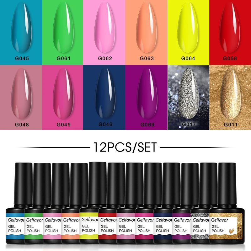 

GELFAVOR Gel Nail Polish Set 8/12PCS Nail Gel Varnish Semi Permanent Hybrid Gel Nail Polish Soak Off UV LED Nail Art Base Top