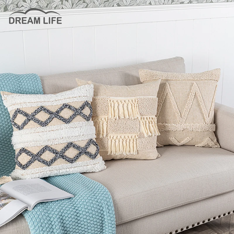 

Tassels Decorative Tufted Cushion Cover 45x45cm/30x50cm Beige Sofa Pillow Case Handmade Home Decoration for living Room Bed