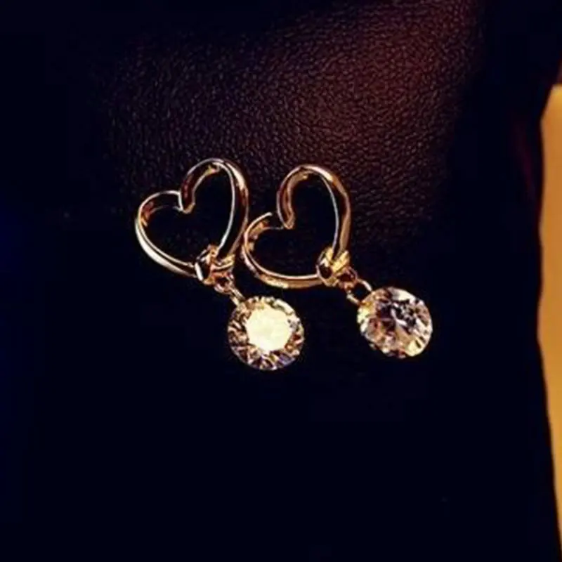 

New Fashion Temperament Golden Love Heart Cutout Cute Pendant Zircon Earrings For Women Girl Accessories Jewelry Wholesale