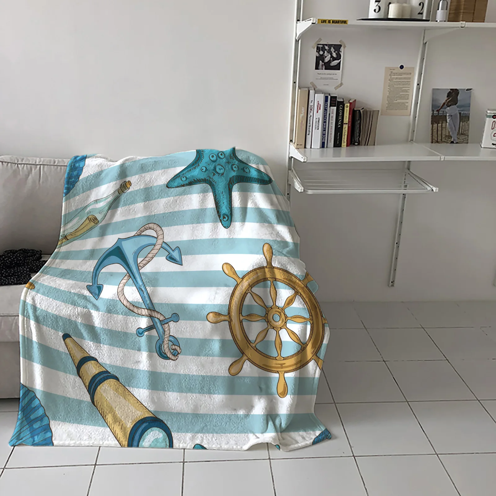 

Anchor Starfish Stripes Throw Blanket Home Sofa Decor Blanket Portable Soft Bedspread Microfiber Flannel Blankets for Beds