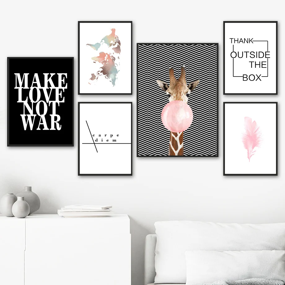 

Carpe Diem Giraffe Pink Feather World Map Wall Art Canvas Painting Nordic Posters And Prints Wall Pictures For Living Room Decor