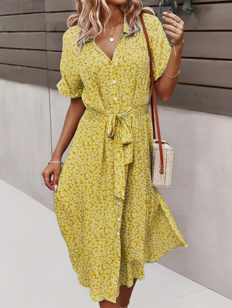 

2021 New Floral Print Lapel Button Knotted Short Sleeve Dress