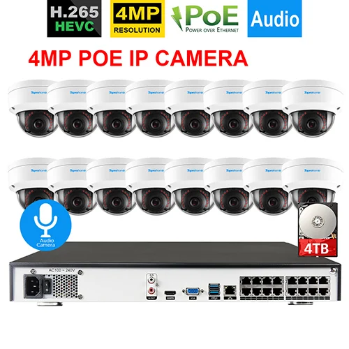16 Dome Camera TOPROHOMIE H.265+ 4K 16CH 5MP POE сетевой видеорегистратор 48V 4.0MP POE системы видеонаблюдения и безопасности комплект IP66 камера аудио камера 4 ТБ - Цвет: 16 Dome Camera