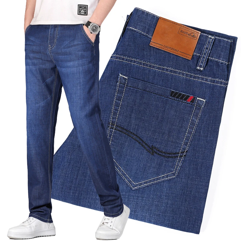 

2021 летние новые мужские тонкие синие джинсы деловые повседневные хлопковые Стрейчевые прямые джинсовые брюки Мужская брендовая одежда