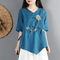 retro embroidered cotton and linen short sleeved shirt summer loose v neck diagonal lace up irregular top harajuku shirt