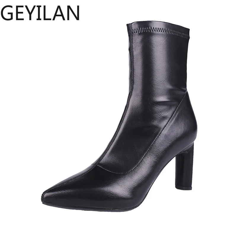 

strange high heels boots women pointed toe leather ankle booties ladies slip on short chelsea botas mujer 2018 winter shoes s459