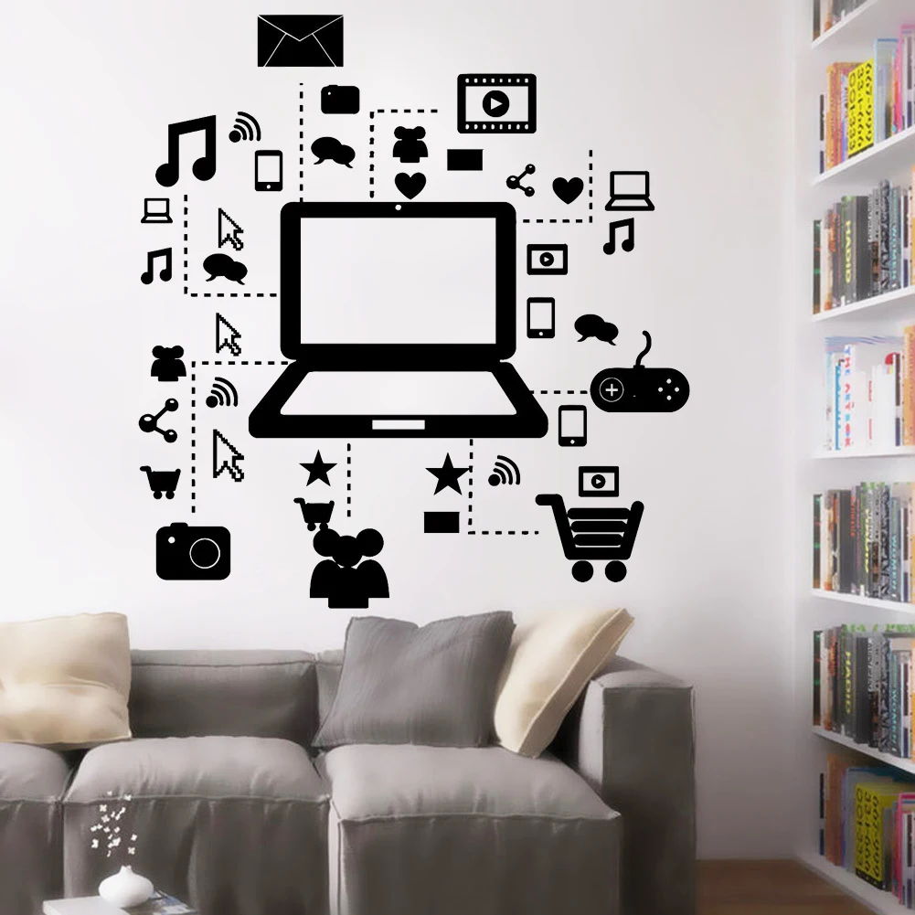 

Виниловые настенные наклейки DW9101, технология в виде ноутбука и социальной сети, креативное художественное оформление для офиса, подростка, дома, спальни