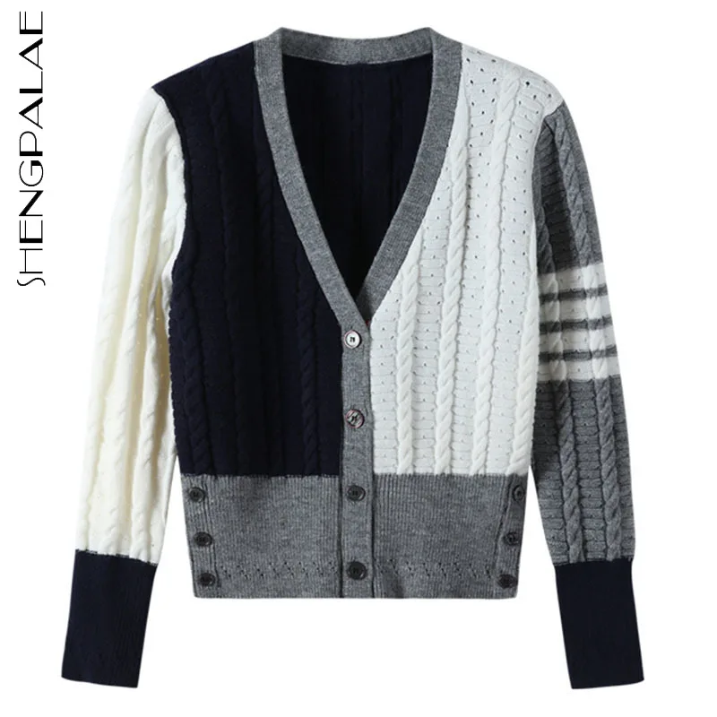 

SHENGPALAE модный вязаный кардиган для женщин осень 2021 Новый контрастный цвет твист v-образный Вырез Свободный однобортный свитер пальто