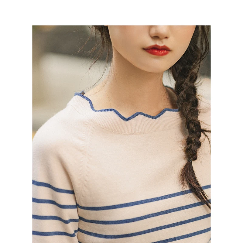 INMAN Spring Autumn Lace O-neck Minimalism All Matched Slim Literary Striped Women Pullover | Женская одежда