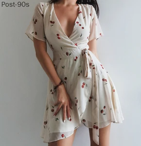 Summer French Flower Cherry Print Ruffled White Dress Women Lace Cross Lacing Up Elegant Bow Sexy Mini Girl Sundress 2022 Robe