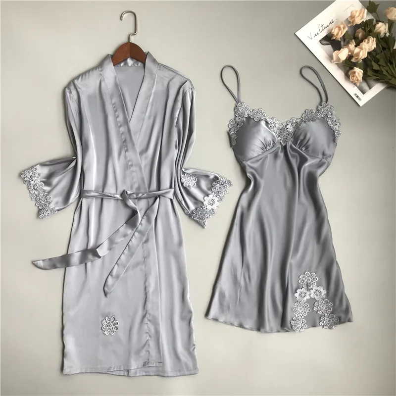 

Spring summer Women Silk Satin Robe & Gown Sets Sexy 2 Pcs Sleep Dress Sleeveless Robe+Nightdress pyjama With Chest Pads pijama