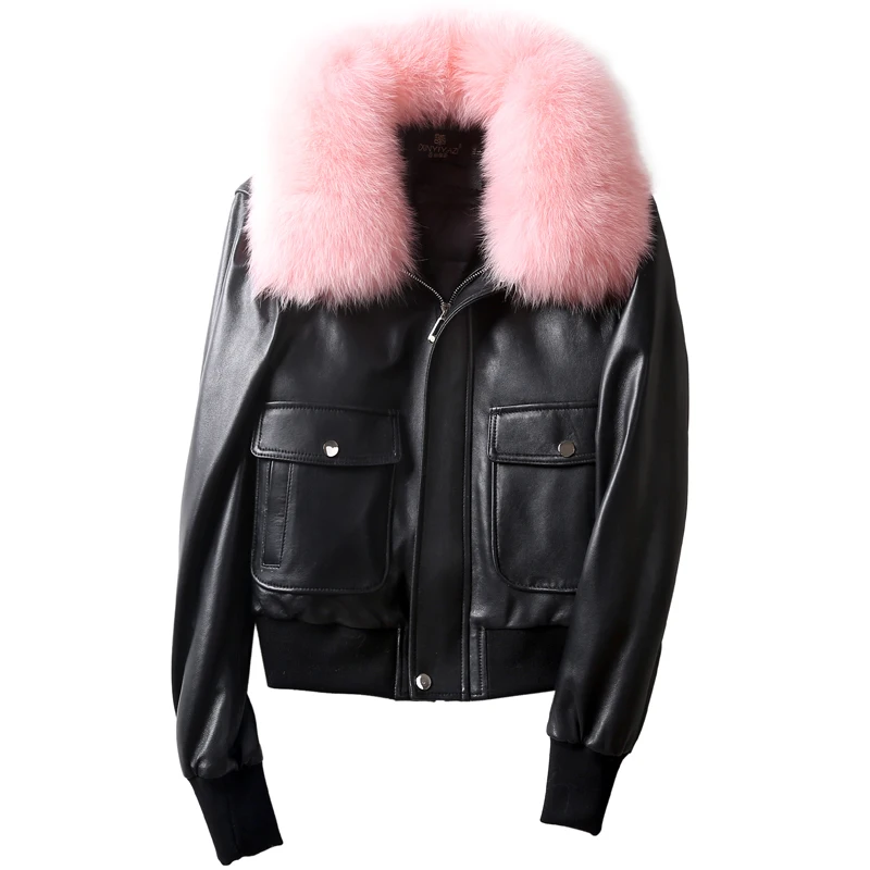 2021 fashion women motorcycle and biker short coat genuine sheepskin leather large fox fur collar cotton padded plus size xxxl