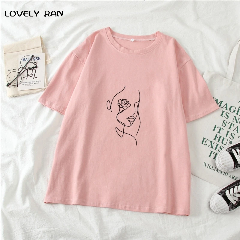 

Art Printed Candy Color T-Shirt Women Abstract Painting Aesthetic Couples Sweet Tops Short Sleeve Casual O-Neck Femele Tees New