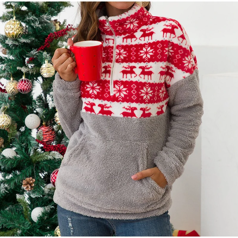 

Christmas Women's Sweatshirts Turn-down Collar Zippers Pocket Autumn Winter 2021 Pullovers All-match Casual Female Sweatshirt