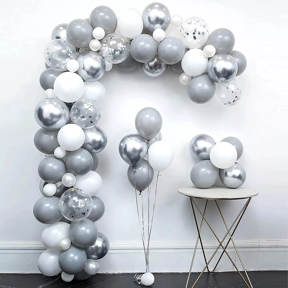 

82pcs Pastel Gray White Balloon Garland Kit Metallic Silver Aluminium Foil Balloon Wedding Birthday Party Baby Shower Decoration