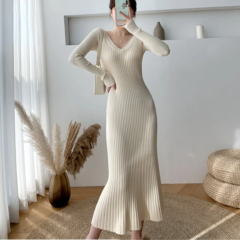 

Женское трикотажное платье, повседневное облегающее платье с V-образным вырезом, длинное офисное платье, Осень-зима 2021