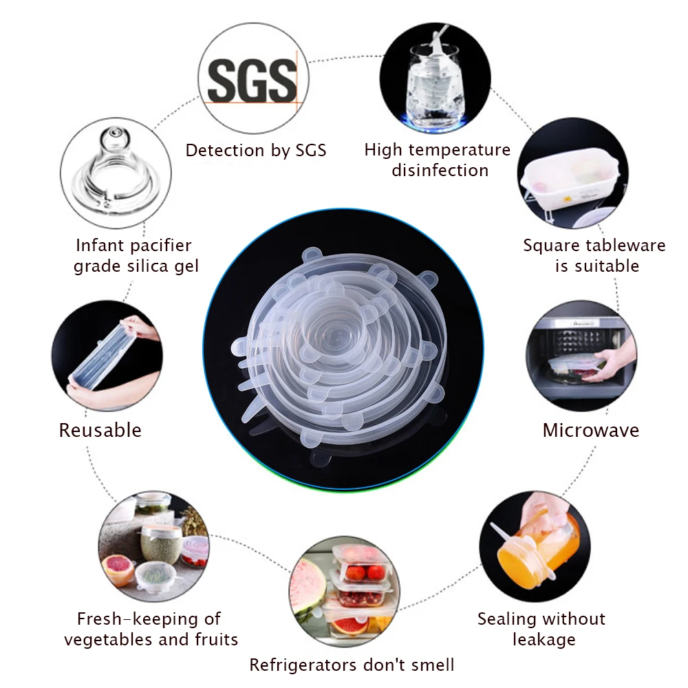 6 шт. силиконовых кейсов стрейч многоразовые крышки герметичный Еда Обёрточная