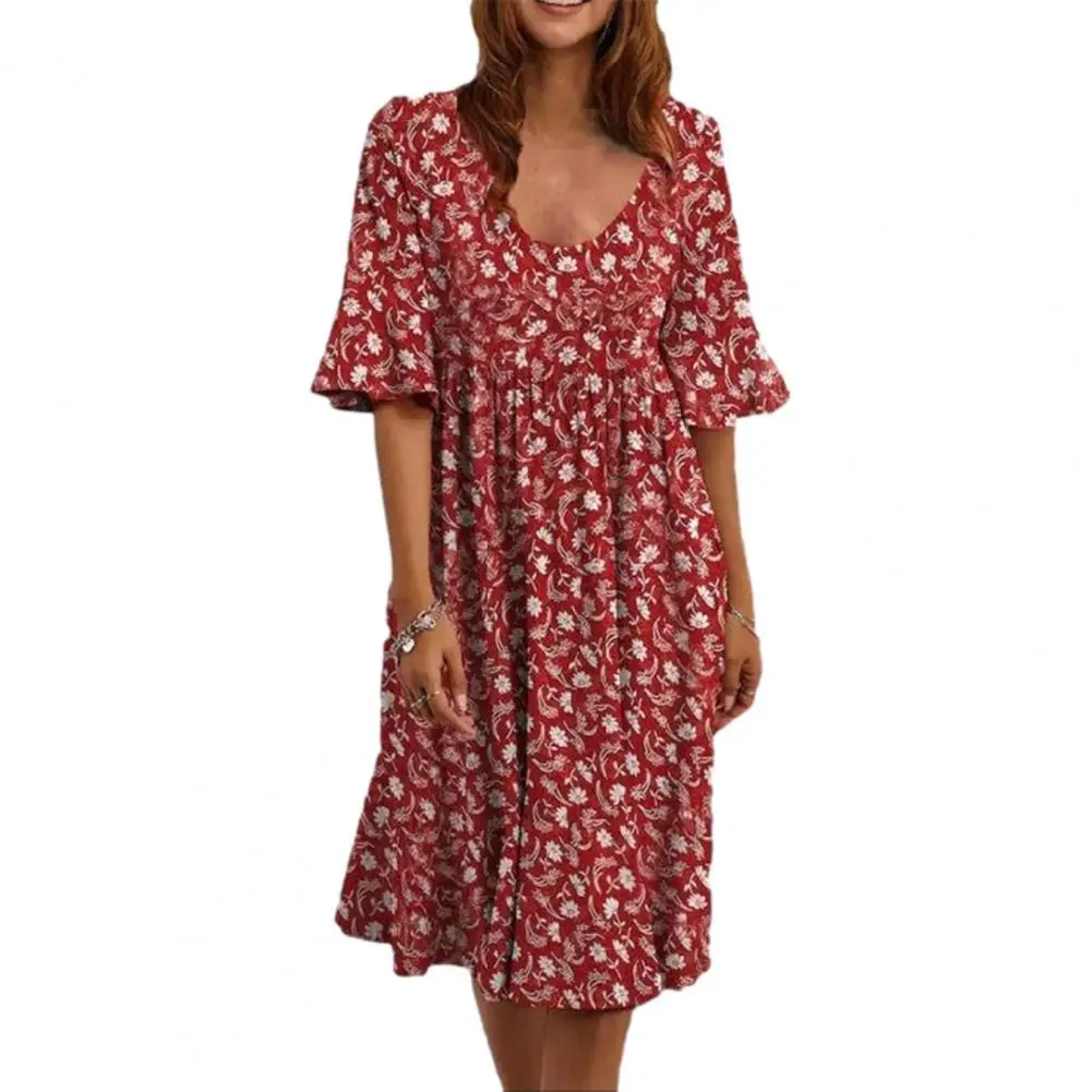 

Ladies Dress Half Sleeve Loose Female Women Ruffle Cuff Short Sleeve Dress Summer Elegant Floral Digital Print Party Dresses