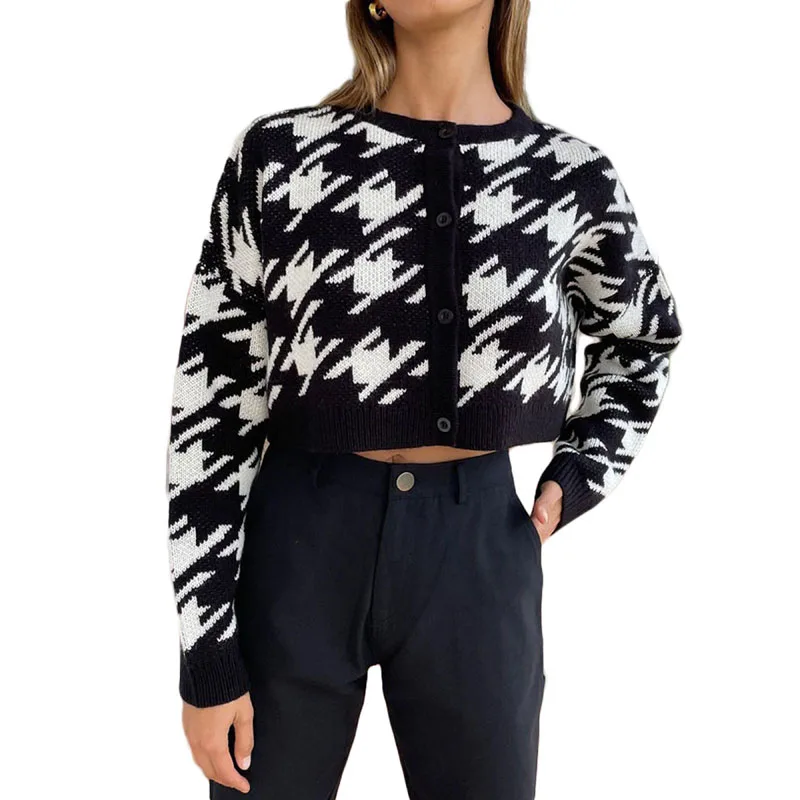 

Женский трикотажный кардиган с принтом, короткий топ с круглым вырезом и длинным рукавом