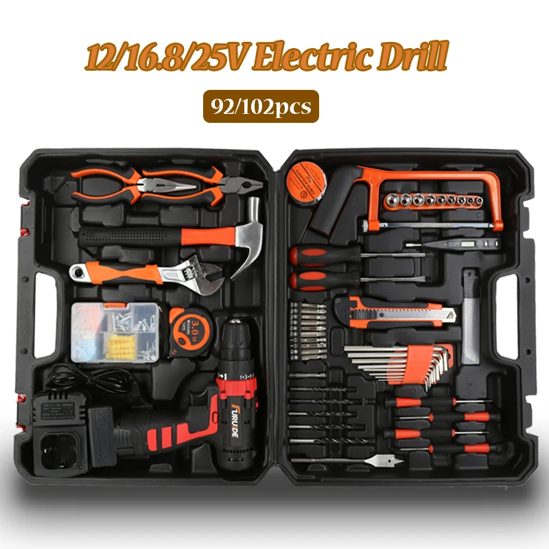

Electric Screwdriver Cordless Drill Tool 12/16.8/25V Power Driver DC Lithium-Ion Battery 92/102PCS Electric Drill Power Tool Set