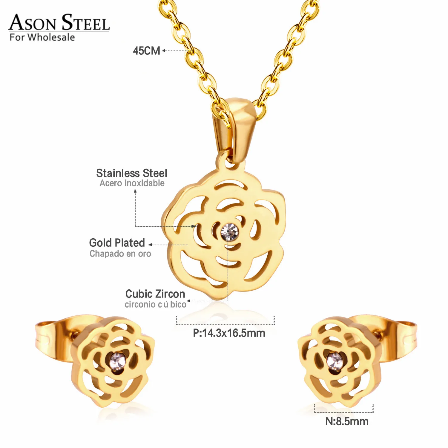ASONSTEEL Bridal Jewelry Sets Stainless Steel Gold/Silver Color Romantic Flower Shape Pendants Charm Chain Necklace Earring Sets