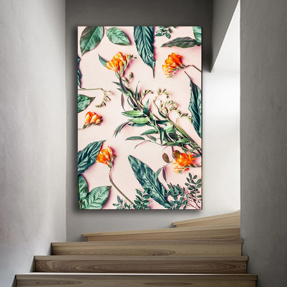 

Nordic Poster Plant Pattern Art Canvas Painting Green Leaf Orange Blossom Posters and Printings For Living Room Home Decoration