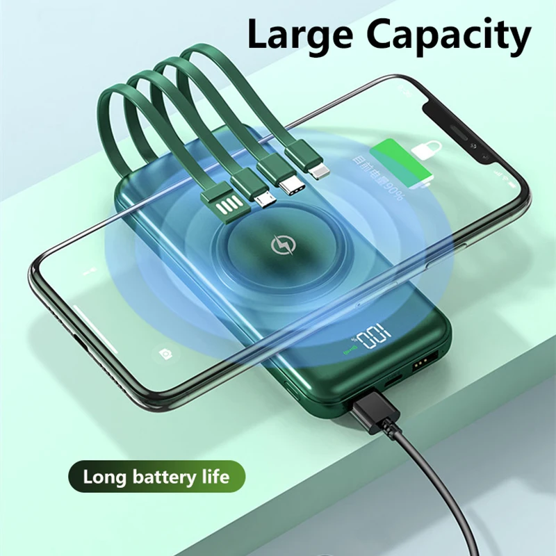 

20000mAh Wireless Charger Power Bank For iPhone 12 Mini Pro Max 10000mAh Powerbank with 4 Cables For Samsung Banked