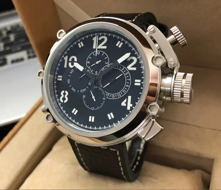 

50mm GEERVO right hand style crown black dial Automatic Self-Wind movement Auto Date Men's watch cow Leather strap gr196-g8