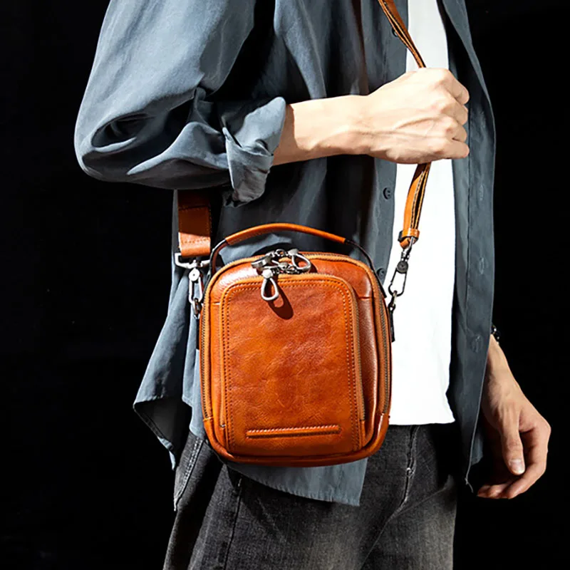 Men's vegetable tanned leather shoulder bag, zipper and color messenger bag, trendy men's handbag