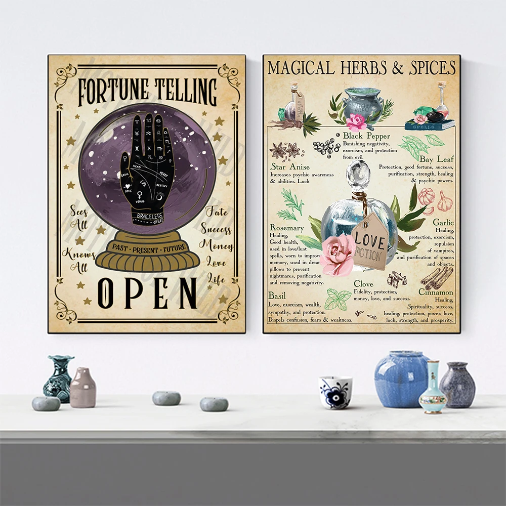 

Vintage Style Fortune Teller Crystal Ball Wall Canvas Painting Palmistry Premium Posters Prints Magical Herbs Spices Pictures