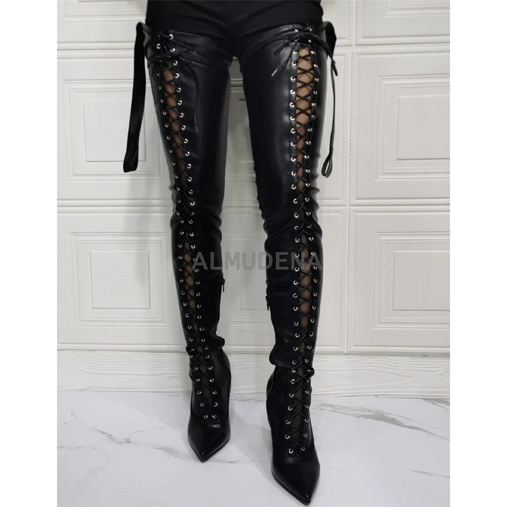 

Black Pointed Toe Stiletto Belted Leather Boots Women's Cross Lace Hollow out Westloop Thigh High Boots Side Zipper Chap Boots