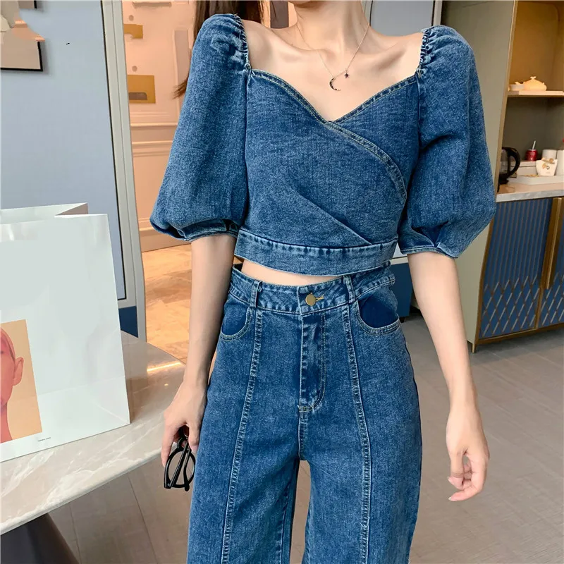 Модные Джинсовые Костюмы YICIYA женские короткие топы на молнии сзади с буффами