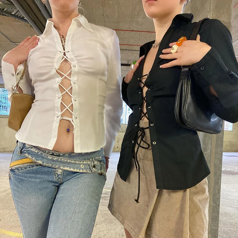 

Rapwriter y2k Tie Up Crop Top Casual Solid Shirt Hollow Out Sexy Blouse Women Tie Up Top Autumn Long Sleeve Tee 90S Streetwear