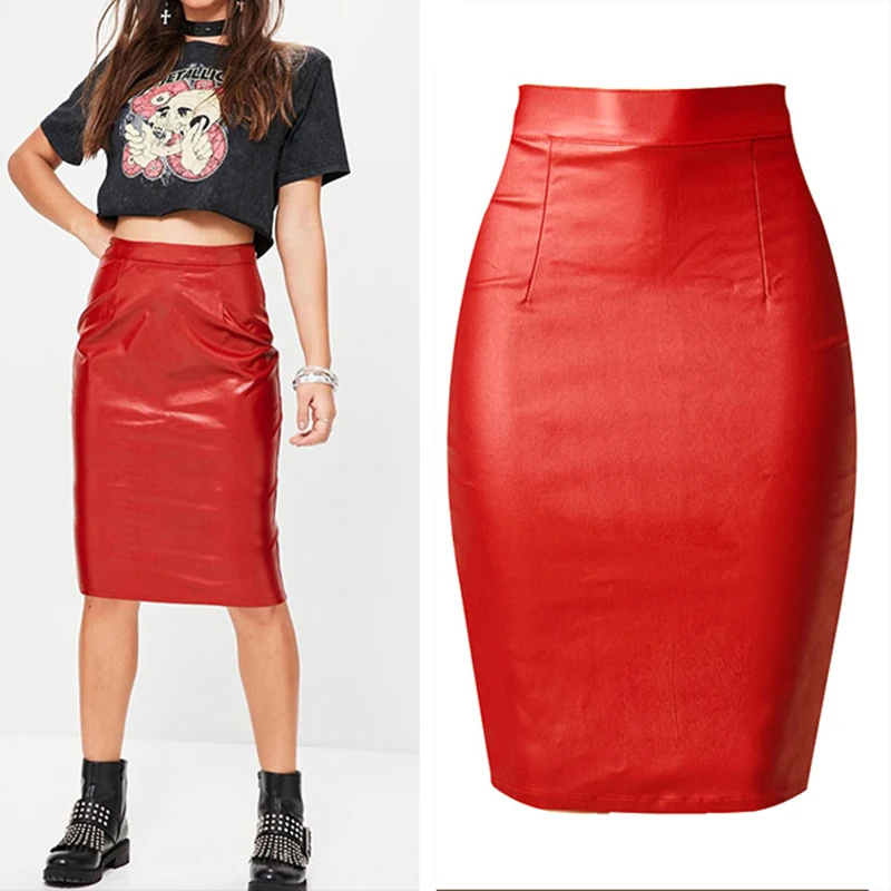 Модная женская одежда 2020 красные юбки из искусственной кожи с высокой талией