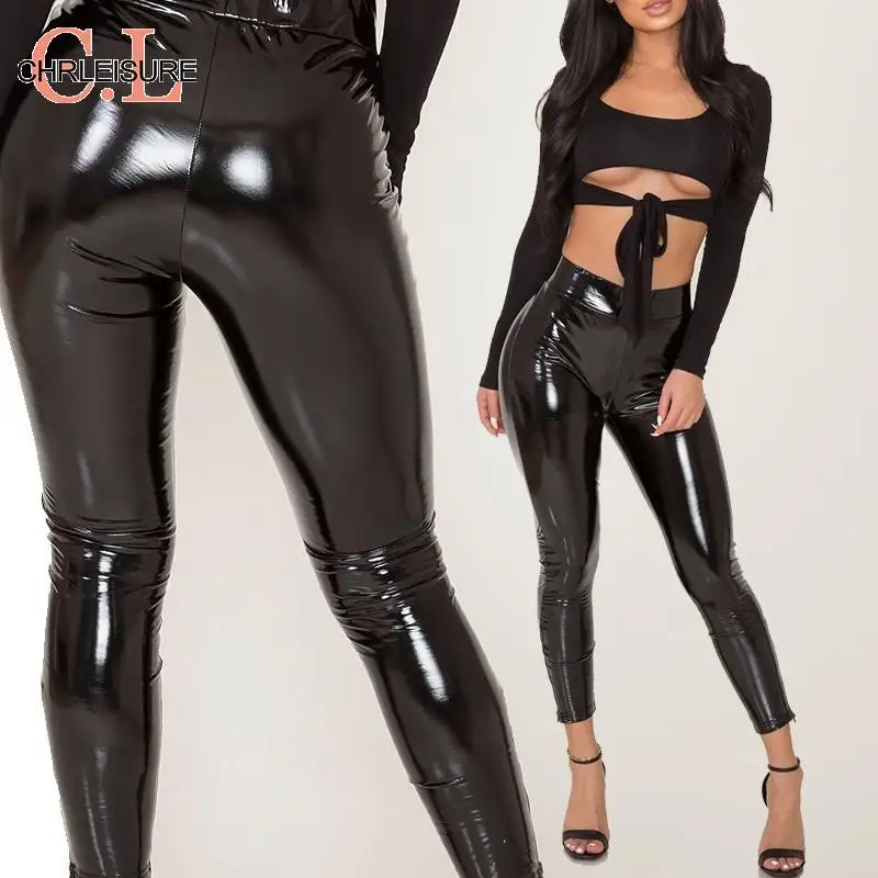 Женские блестящие леггинсы CHRLEISURE пикантные зимние из искусственной кожи женские