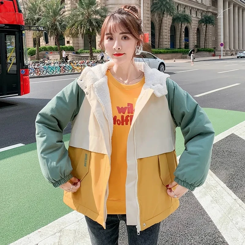 

Winter New Loose Casual Women Parkas Fashion Patchwork Thick Short Coats White Velvet Warm Hooded Ladies Down Jackets