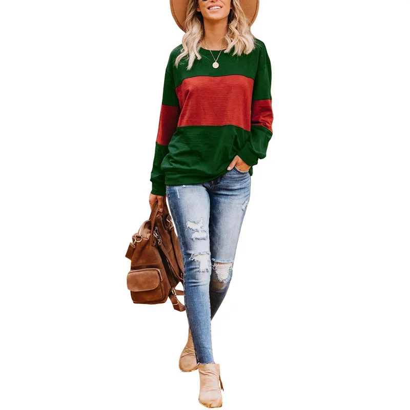 

BAMBOOBOY Spring Autumn New Women's Contrast Color Colorblock Long Sleeve Casual T-shirt Top FC762