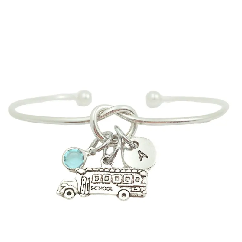

School Bus Creative Initial Letter Monogram Birthstone Adjustable Bracelet Fashion Jewelry Women Gift Pendant