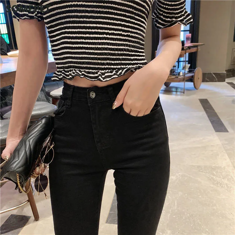 

Female Vintage Black Bell Bottom Jeans Women Elastic Skinny Flare Jeans Mom Slim High Waist Denim Tassel Ankle pants Streetwear