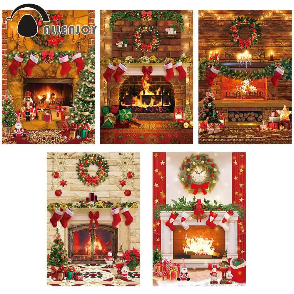 

Allenjoy Christmas Background Photography Fireplace Red Brick Wall Party Supplies Decor Banner Photo Booth Studio Props Backdrop