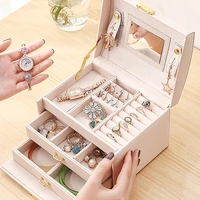 3layers stud earrings ring jewelry box arrival womens useful makeup organizer with mirror travel portable jewelry storage case