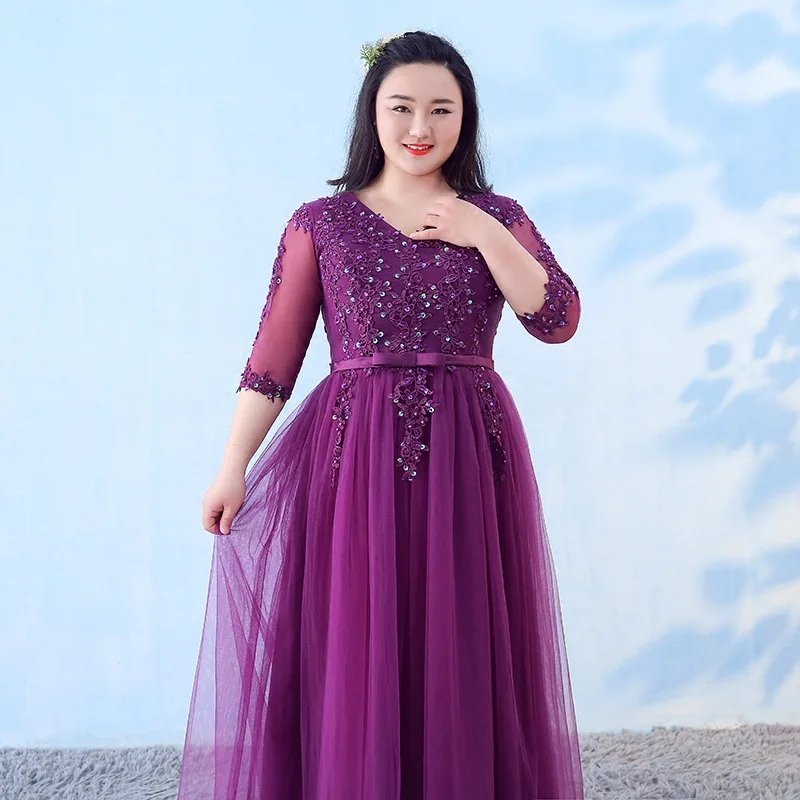 YULUOSHA 2020 New V-neck Large Size Purple Chiffon Long Sleeve Slim Beading Vintage Evening Dress Vestidos De Fiesta Noche | Свадьбы и