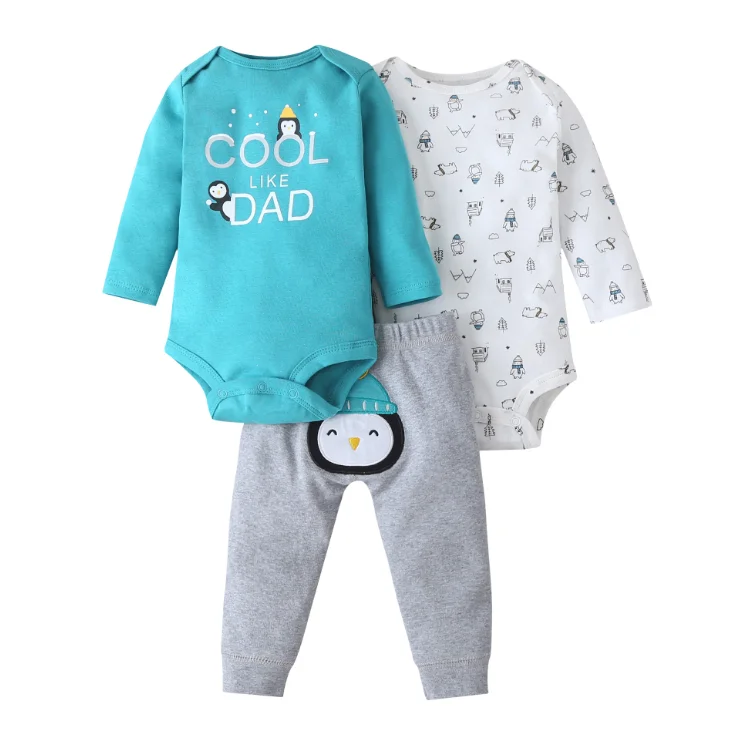 3PCS Newborn Infant Baby Boy Girl Clothes Set Cartoon Penguin Long sleeve Bodysuit+Jumpsuits+Pants 3 Pieces Bebe Clothing Outfit