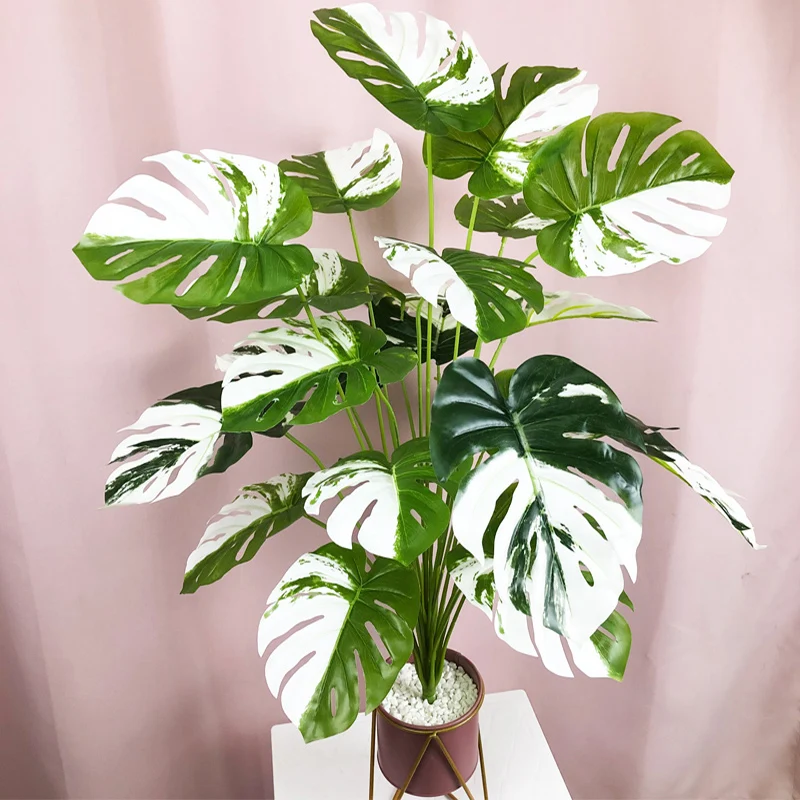 

75cm 24 Leaves Fake Plants Bonsai Tree Artificial Monstera Large Tropical Palm Leaves Plastic Turtle Foliage Home Office Decor