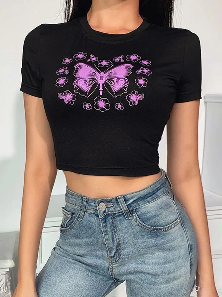 Повседневные футболки с круглым вырезом и принтом бабочки Y2K женские летние