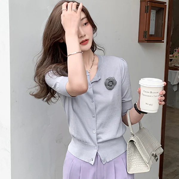 

Женский тонкий вязаный кардиган с коротким рукавом и круглым вырезом