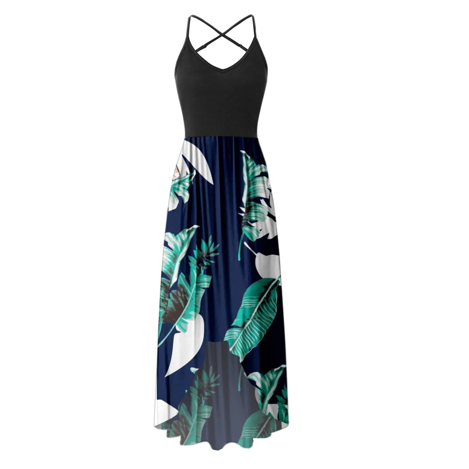 

40# Bohemian Asymmetrical Summer Dress Straight Sleeveless Halter Strap Floral Printing Beach Dress Long Pleated Dress 2021