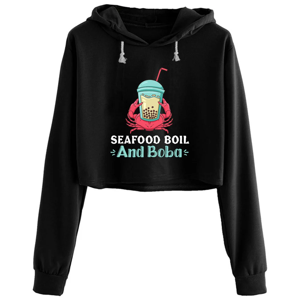 

Crab Fest And Boba Tea Crop Hoodies Women Goth Grunge Harajuku Anime Pullover For Girls