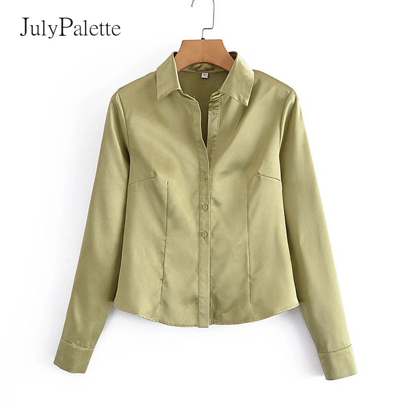 

Julypalette 2021 Осенняя офисная Дамская атласная блузка с V-образным вырезом, элегантная зеленая Дамская приталенная блузка на пуговицах, женская ...